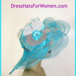 Kentucky Derby Hats, Turquoise Metallic Silver Wedding Church Women's Dress Wide Brim Custom Hat Kc3