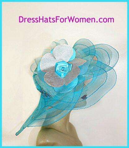 Kentucky Derby Hats, Turquoise Metallic Silver Wedding Church Women's Dress Wide Brim Custom Hat Kc3