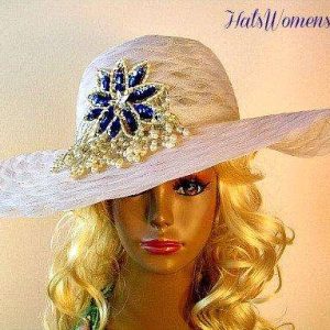 Woman's White Wide Brim Designer Formal Church Hat Royal Blue Pearl Applique, Wedding Bridal Mother Of The Bride Hats