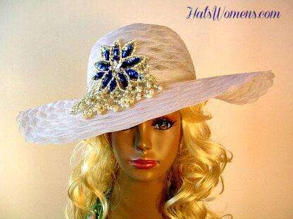 Woman's White Wide Brim Designer Formal Church Hat Royal Blue Pearl Applique, Wedding Bridal Mother Of The Bride Hats