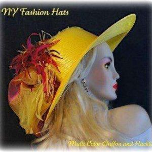 Haute Couture Luxury Ostrich Feather Statement Hat, Big Brim Lemon Yellow Hot Pink Orange Hat, NYFashionHats, Hats For Horse Races, Denise
