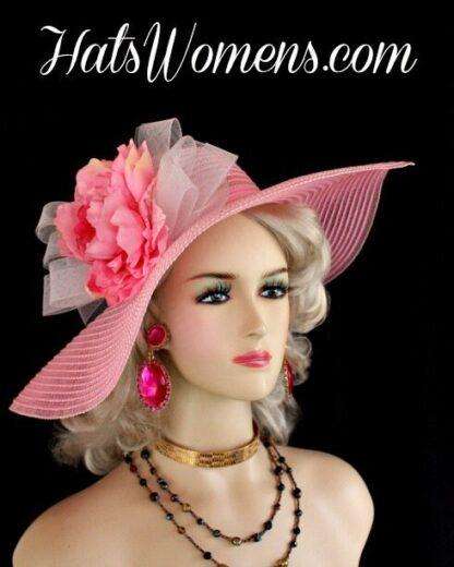 Ladies Pink White Big Brimmed Designer Fashion Hat Races Women's Hats