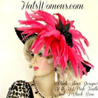 Hot Pink Feathered Black Designer Fashion Kentucky Derby Hat Women's Dress Hats