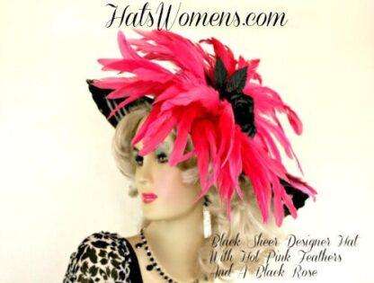 Hot Pink Feathered Black Designer Fashion Kentucky Derby Hat Women's Dress Hats