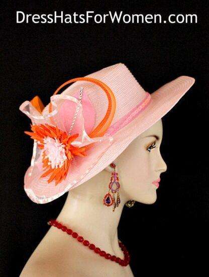 Kentucky Derby Hats, Women's Pink Orange Designer Brim Special Occasion Custom Dress Hat 77a