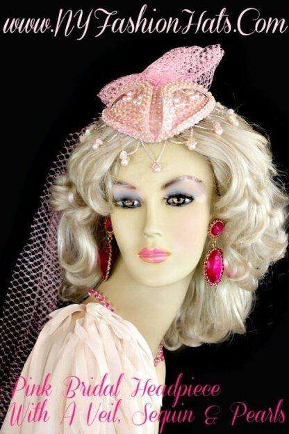 Women's Pink Satin Beaded Pearl Wedding Veil Headpiece Cocktail Hat - Image 4