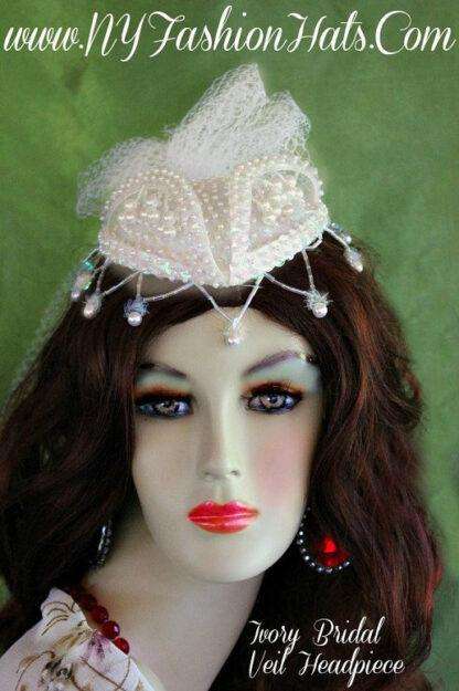 Women's Pink Satin Beaded Pearl Wedding Veil Headpiece Cocktail Hat - Image 3