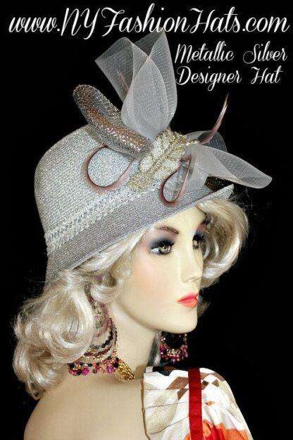 Ladies Metallic Silver Cloche Designer Fashion Church Hat, Wedding Dress Hats For Women