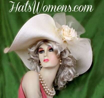 Women's Couture Designer Hats, Ivory Big Large Wide Brim Kentucky Derby Hat, Hats For Horse Races, NYFashionHats Custom Millinery For Women