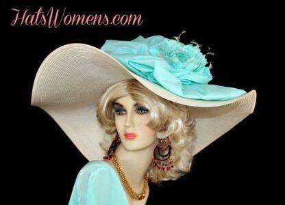 Ivory Aqua Turquoise Blue Wide Brim Hat Weddings Bridal Church Hats - Image 3