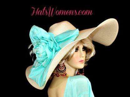 Ivory Aqua Turquoise Blue Wide Brim Hat Weddings Bridal Church Hats - Image 2