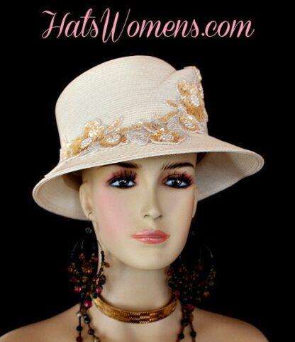 Ivory Gold Beige Sequin Ladies Dress Hats Formal Designer Wedding Hats - Image 2