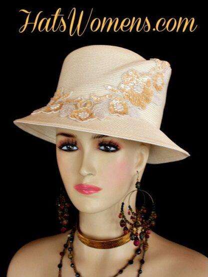 Ivory Gold Beige Sequin Ladies Dress Hats Formal Designer Wedding Hats