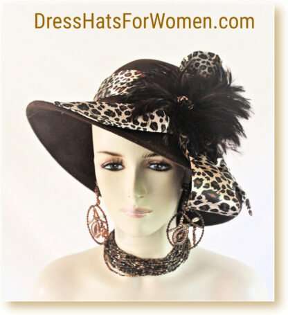 Couture Designer Brown Winter Wool Leopard Cheetah Print Hat, Dress Church Wedding Millinery Hats, Nyfashionhats.com, 6802