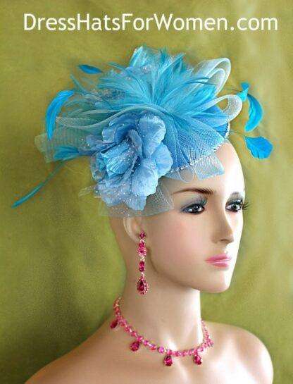 Ladies Turquoise Aqua Baby Blue Designer Sinamay Straw Wedding Fascinator Cocktail Hat, Women's Kentucky Derby Hats, Spring Races Ny21