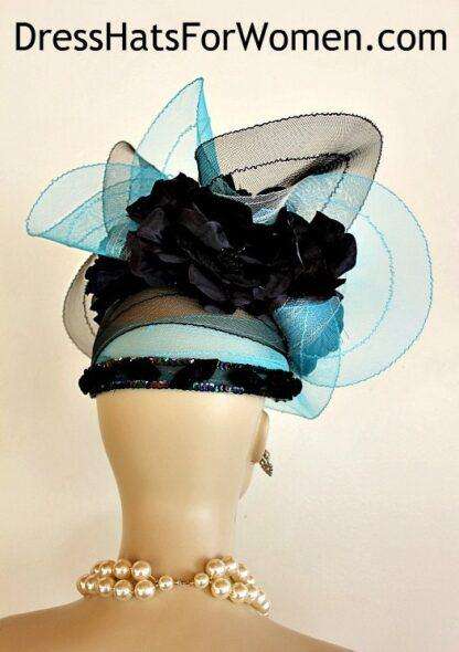 Turquoise Black Haute Couture Designer Luxury Statement Hat, NYFashionHats Millinery, Formal Wedding Dress Church Pillbox Hat, Carolina - Image 3