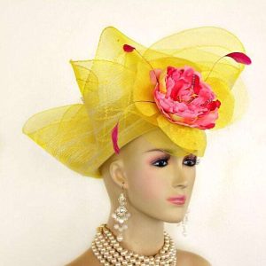 Kentucky Derby Hat, Women's Yellow Pink Couture Designer Church Wedding Fashion Hats Fl45