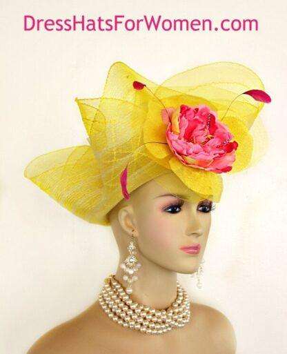 Kentucky Derby Hat, Women's Yellow Pink Couture Designer Church Wedding Fashion Hats Fl45