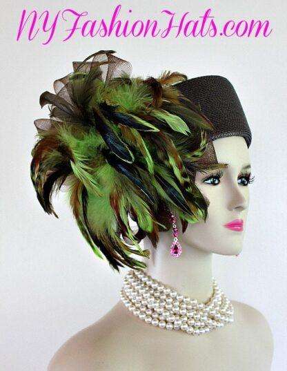 Women's Designer Brown Lime Green Pillbox Hat Feathers, Special Occasion Dress Hats - Image 3