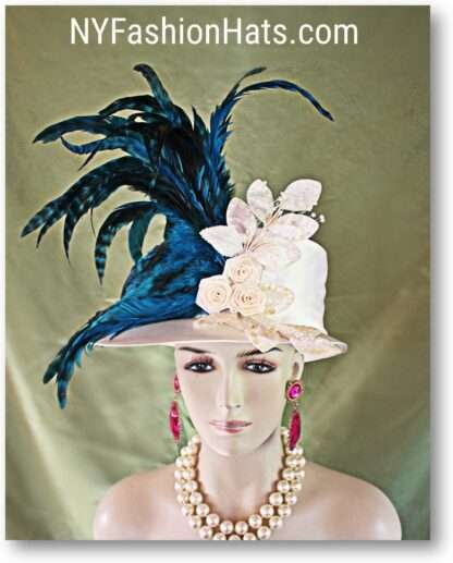 Haute Couture Designer Satin Wedding Hat, Ivory Off White Peacock Blue Formal Hat