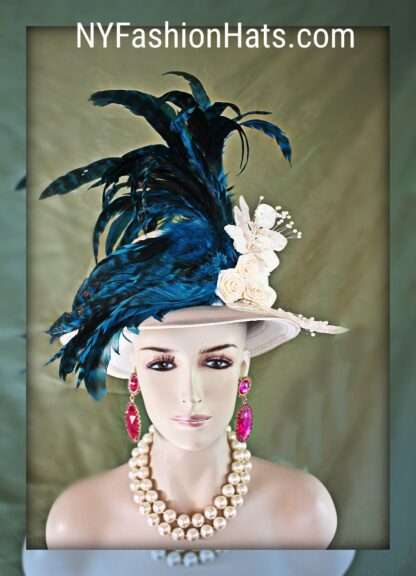 Haute Couture Designer Satin Wedding Hat, Ivory Off White Peacock Blue Formal Hat - Image 4