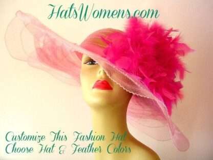 Pink Kentucky Derby Hat, NYFashionHats Millinery, Hats For Horse Races, Sheer Scalloped Wide Brim Horsehair Hat With Feather Color Choice,