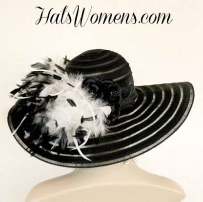 Ladies Black White Wide Brim Church Wedding Designer Fashion Hat Feathers Roses, Kentucky Derby Hats - Image 3