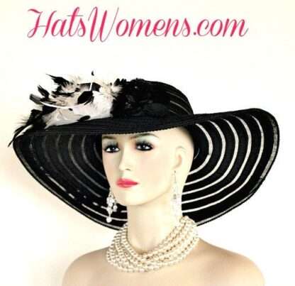 Ladies Black White Wide Brim Church Wedding Designer Fashion Hat Feathers Roses, Kentucky Derby Hats