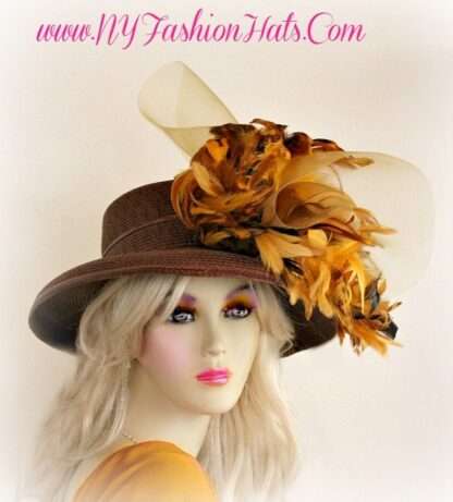 Ladies Brown Designer Kentucky Derby Hat With Mustard Yellow Feathers