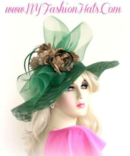 Women's Emerald Green Designer Hat With Brown Cabbage Roses Flowers