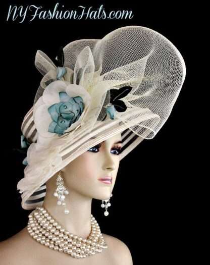 Haute Couture Luxury Statement Designer Hat, Ivory Teal Blue Green Designer Kentucky Derby Fashion Hat, NYFashionHats Millinery, Kathy