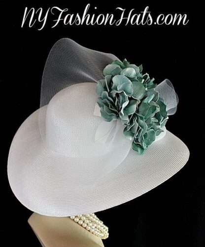 Haute Couture Luxury Statement Big Large Brim Hats, White Sage Teal Green Formal Wedding Bridal Hat, NYFashionHats Millinery, MaryAnna - Image 2