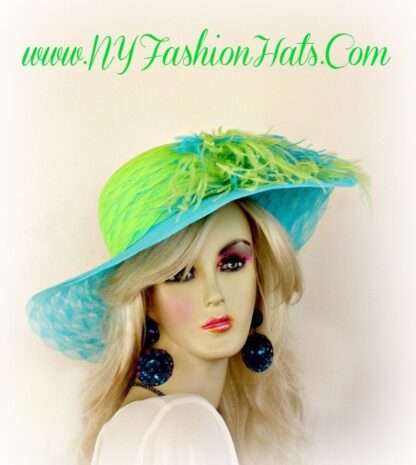 Kentucky Derby Hat, Hats For Horse Races, Turquoise Blue Lime Green Spring Designer Hat, Wedding Church Dress Hat Millinery, NYFashionHats - Image 2