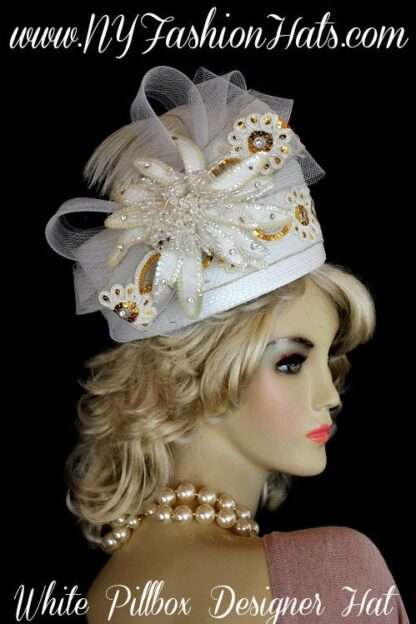 Women's White Gold Sequin Pearl Flower Pillbox Hat, Ny Fashion Hats