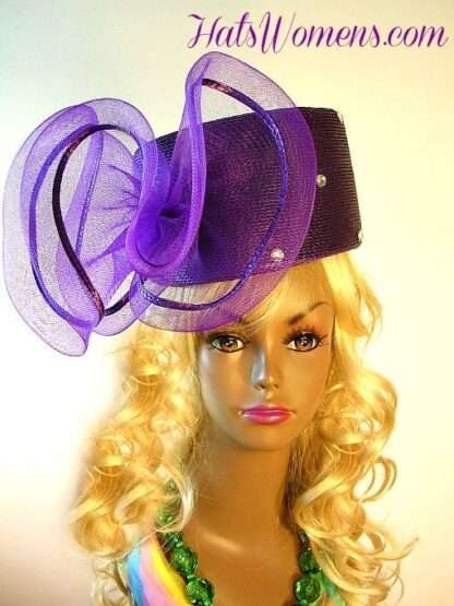 Ladies Purple Designer Pillbox Hat Large Bow, Couture Wedding Special Occasion Hats