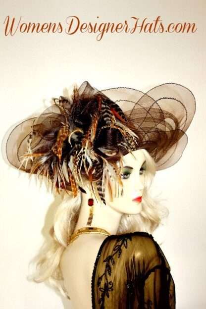 Women's Designer Brown Ivory Tiger Feathers Kentucky Derby Hat, Custom Wedding Church Dress Hats