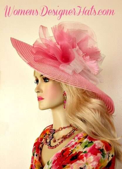 Pink White Wide Brim Kentucky Derby Oaks Hat, Womens Fashion Hats K21