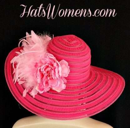 Ladies Hot Pink Wide Brim Church Wedding  Designer Fashion Hat Feathers Flower, Kentucky Derby Hats - Image 2