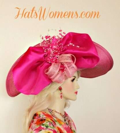 Hot Pink White Wide Lift-up Brim Kentucky Derby Hat Bridal Weddings Hats - Image 3