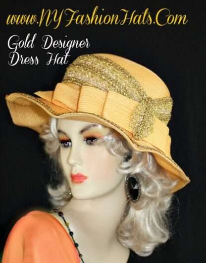 Women's Couture Designer Hat, Women's Antique Yellow Metallic Gold Formal Wedding Hat, Sabbath Dresss Hat, Church Hats, NYFashionHats Alexa - Image 2