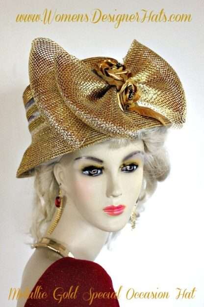 Metallic Gold Formal Church Hat For Women, Ladies Designer Hats