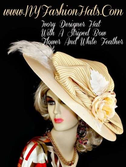 Kentucky Derby Hats, Ivory Designer Hat With A Striped Bow And Flower - Image 2