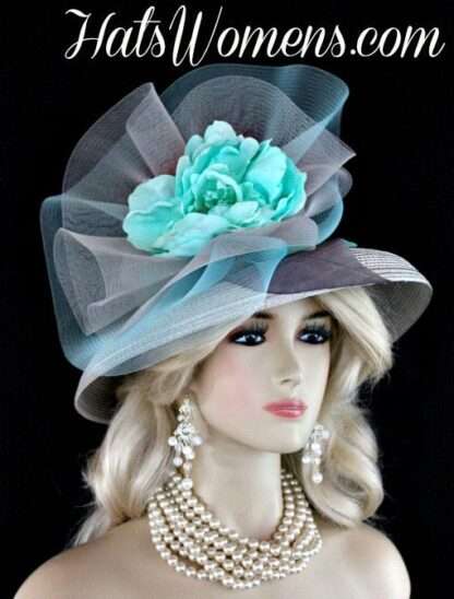 Ladies Silver Grey Aqua Turquoise Blue Designer Fashion Hat, Wedding Church Kentucky Derby Hats