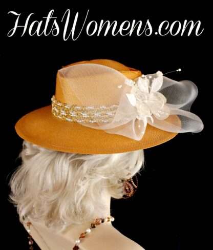 Ladies Antique Metallic Gold White Ivory Western Hat, Fashion Designer Hats - Image 2