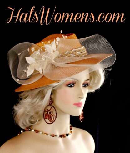 Ladies Antique Metallic Gold White Ivory Western Hat, Fashion Designer Hats