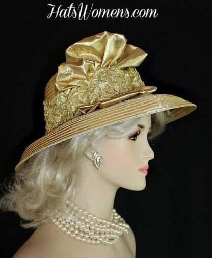 Gold Satin Designer Church Dress Hat For Women, Formal Mother Of The Bride Hat U7771 - Image 3