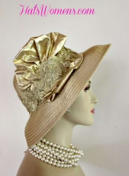 Gold Satin Designer Hat For Women, Church Hat, Formal Dress Hat, Mother Of The Bride Hat, Big Brim Hat