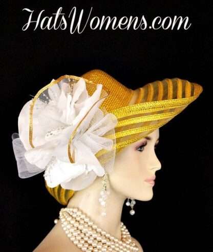 Metallic Gold White Wide Brim Designer Fashion Wedding Hat, Kentucky Derby Hats - Image 2