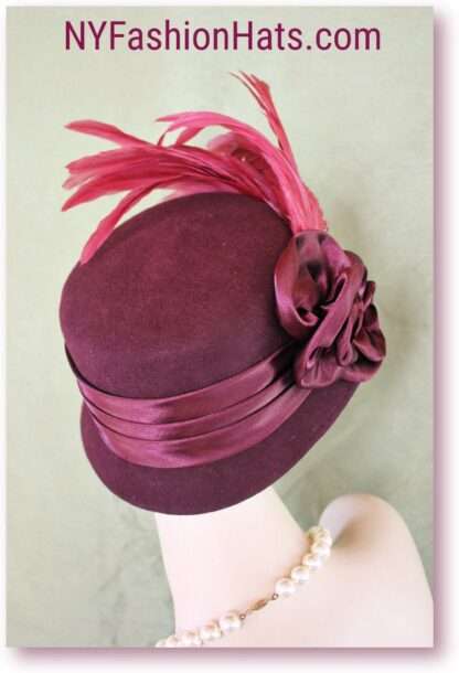 Couture Burgundy Winter Wool Hot Pink Feathered Designer Hat, Church Weddings Formals Melbourne Cup Hats Millinery 8218 - Image 4