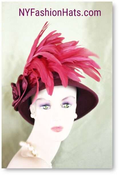 Couture Burgundy Winter Wool Hot Pink Feathered Designer Hat, Church Weddings Formals Melbourne Cup Hats Millinery 8218 - Image 3